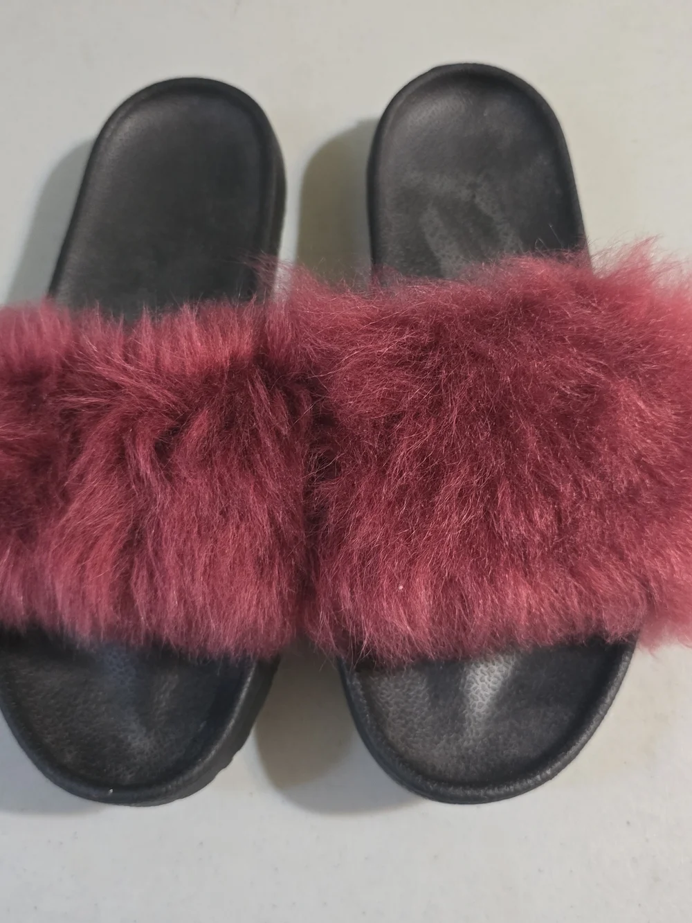 UGG Women's Black Slide Sandals with Burgundy Faux Fur Strap